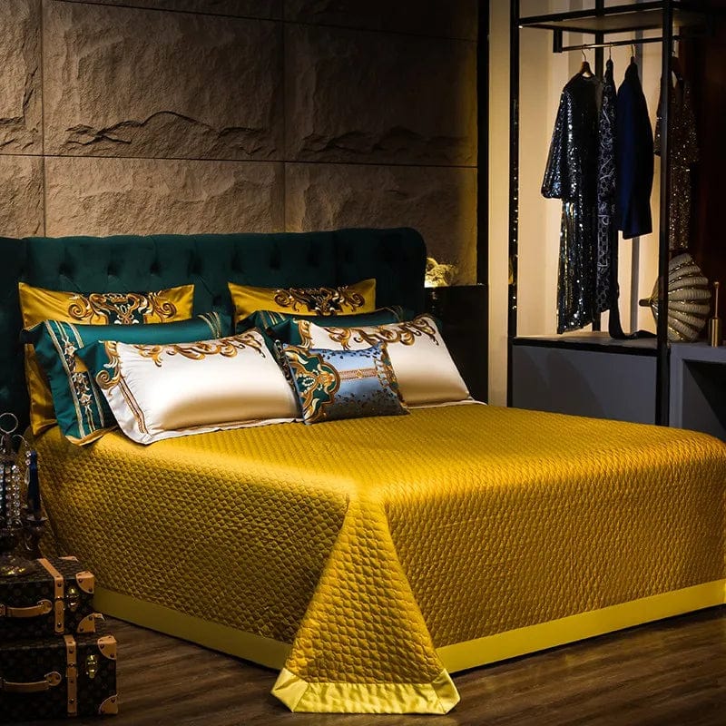 IvaRose gold and green satin embroidered luxury bedding set with patchwork duvet cover, pillowcases, cotton bed sheet, king size