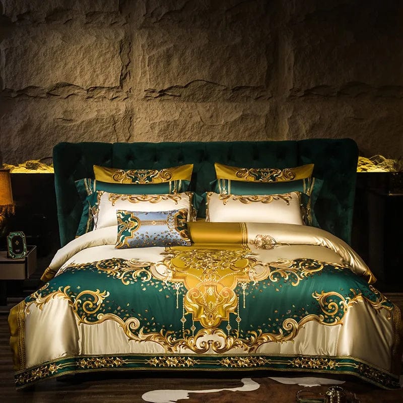 IvaRose luxury satin cotton bedding set with gold and green embroidery, including duvet cover, pillowcases, and bed sheets.