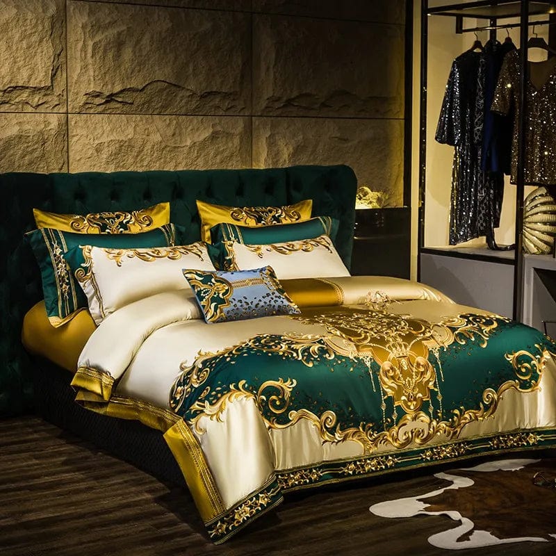 Gold and green satin embroidered luxury bedding set featuring cotton duvet cover, bed sheets, pillowcases, and patchwork design.