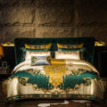 Gold and green satin embroidered luxury bedding set with cotton duvet cover, pillowcases, and bedspread, featuring patchwork design.