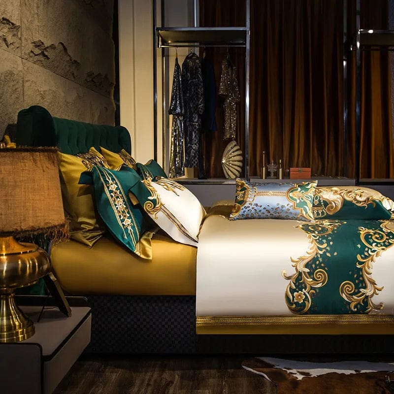 Gold and green satin cotton embroidered luxury bedding set with patchwork duvet cover, pillowcases, and bed sheet, queen and king size.