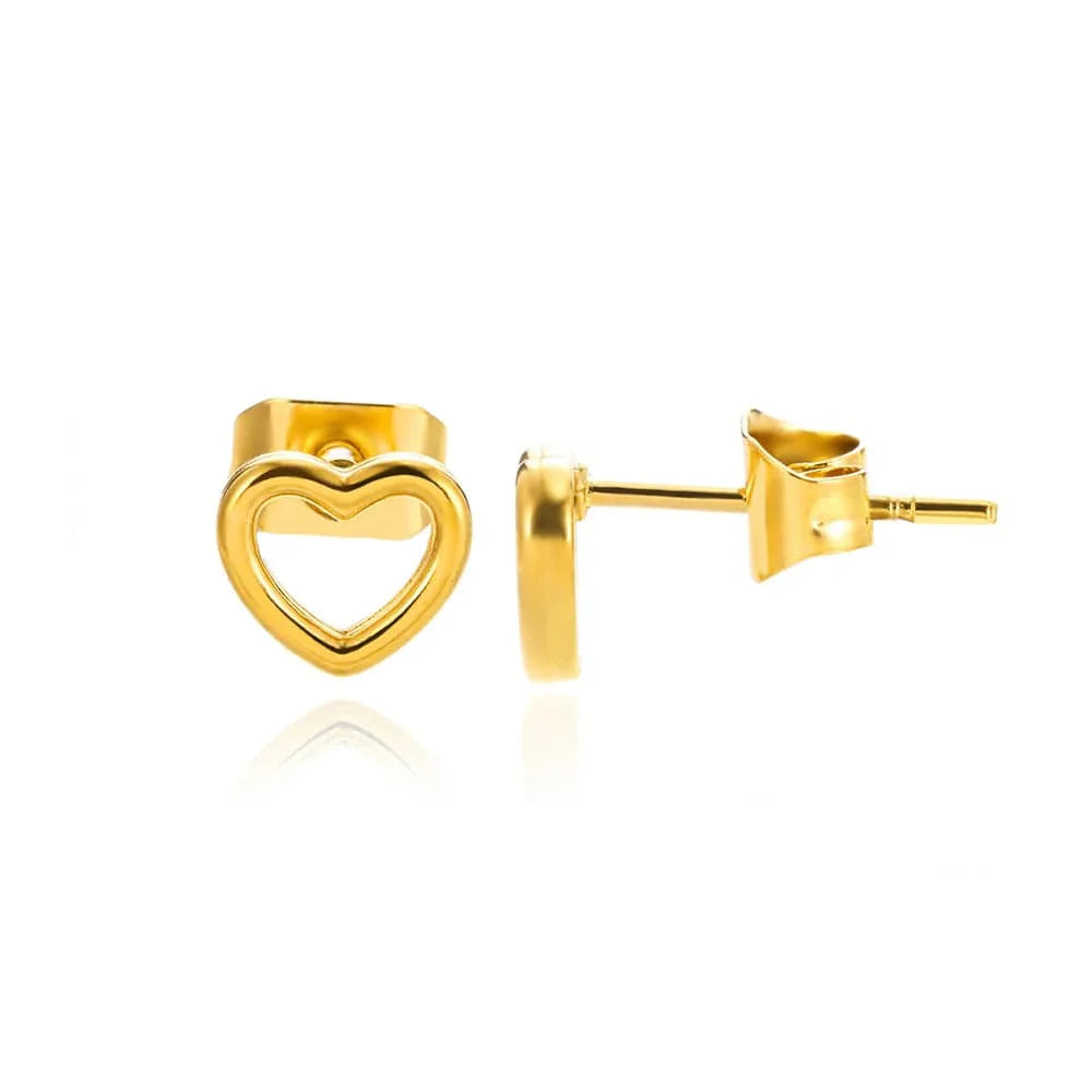 Gold stainless steel heart zircon stud earrings for women, delicate hoop design, perfect for wedding and party jewelry.