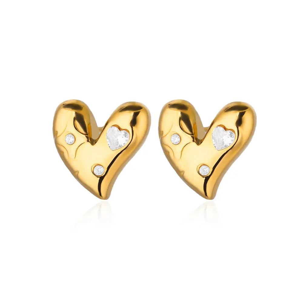 Gold stainless steel heart-shaped zircon stud earrings featuring delicate hoops, perfect for women’s wedding or party jewelry.