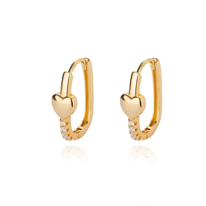 Gold stainless steel heart-shaped zircon stud earrings and delicate hoops for women, perfect for weddings and parties.
