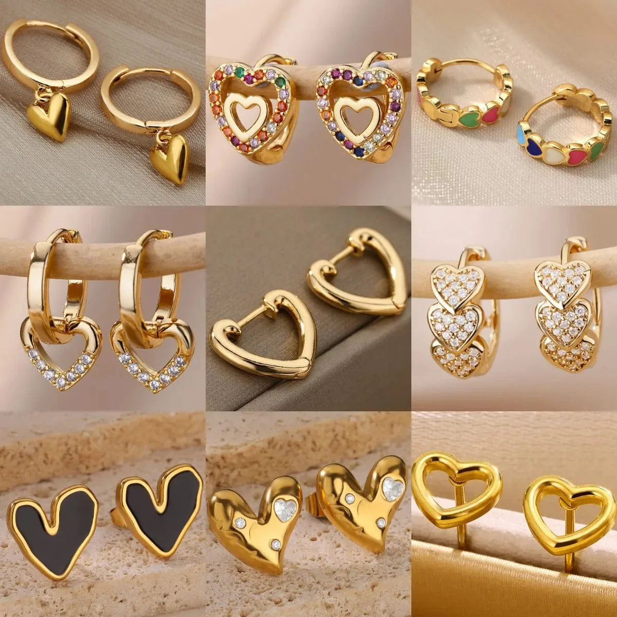 Gold stainless steel heart zircon stud earrings for women, delicate hoops suitable for wedding, party, or gift jewelry.