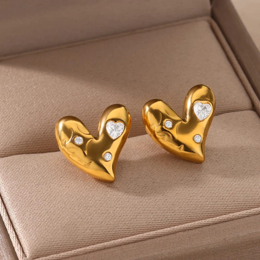 Gold stainless steel heart-shaped zircon stud earrings for women, delicate hoop design, suitable for wedding, party, or gift.