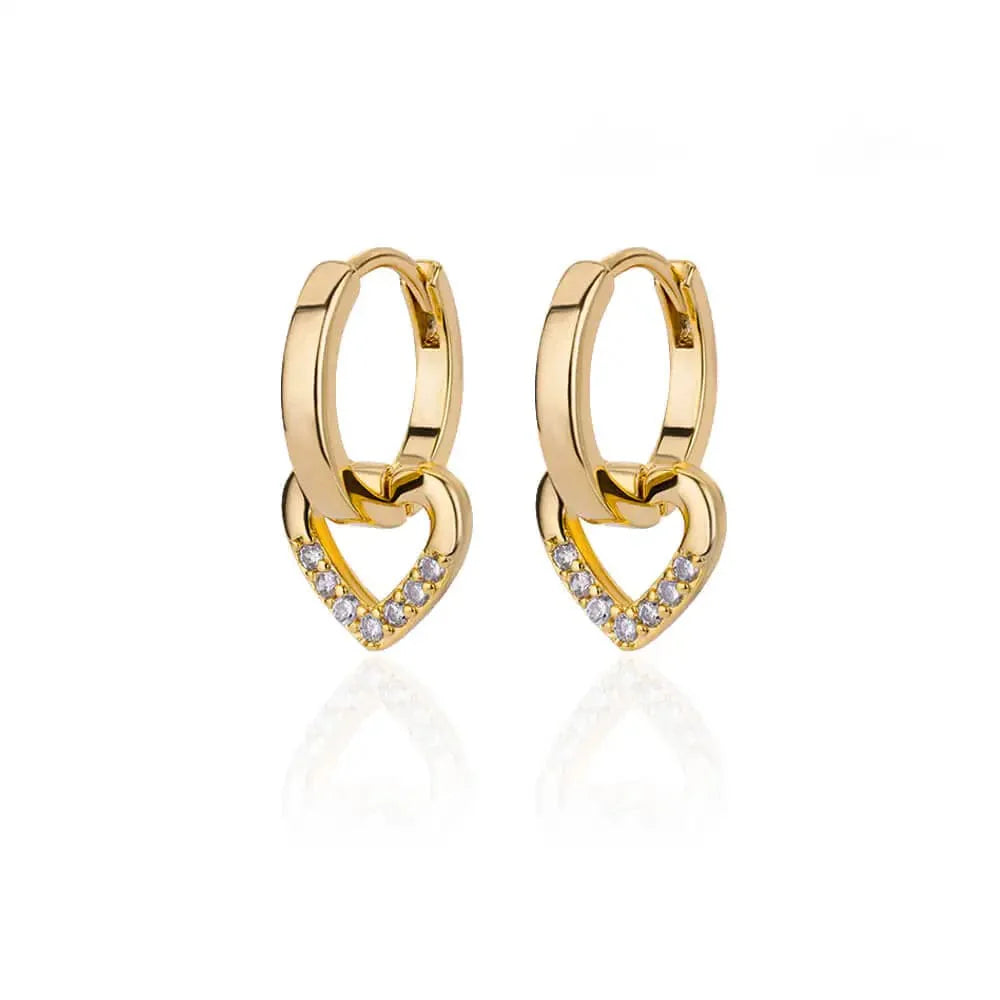 Gold stainless steel heart zircon stud earrings for women, featuring delicate hoop design, ideal for wedding or party jewelry.