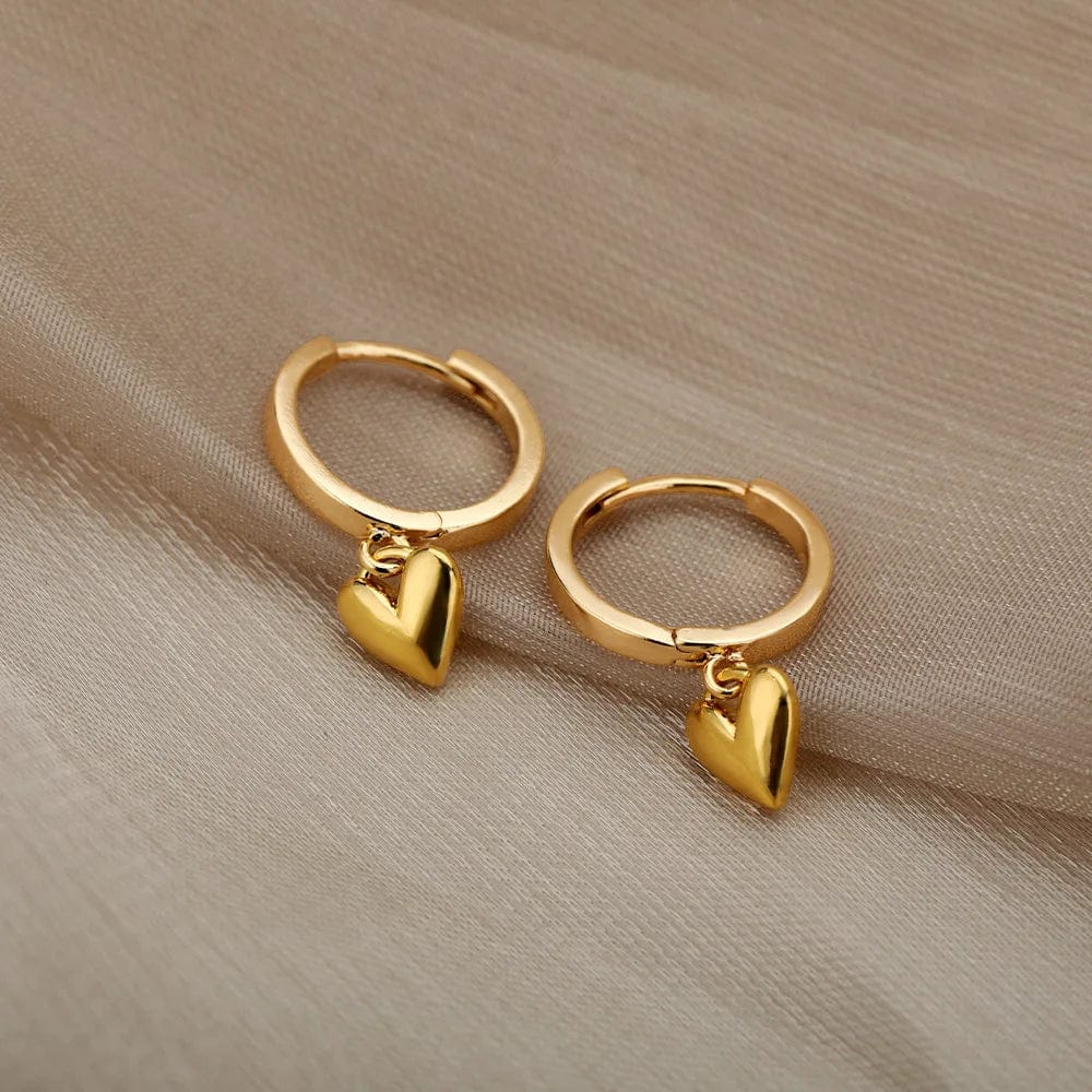 Gold stainless steel heart zircon stud earrings for women, featuring delicate hoops suitable for wedding, party, or gift jewelry.