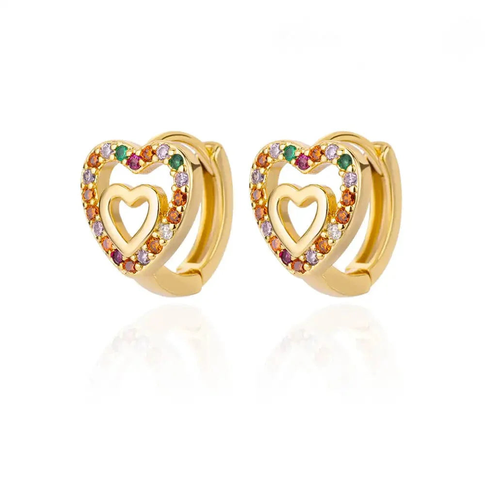 Gold stainless steel heart-shaped zircon stud earrings for women, featuring delicate hoop design, perfect for wedding or party jewelry.