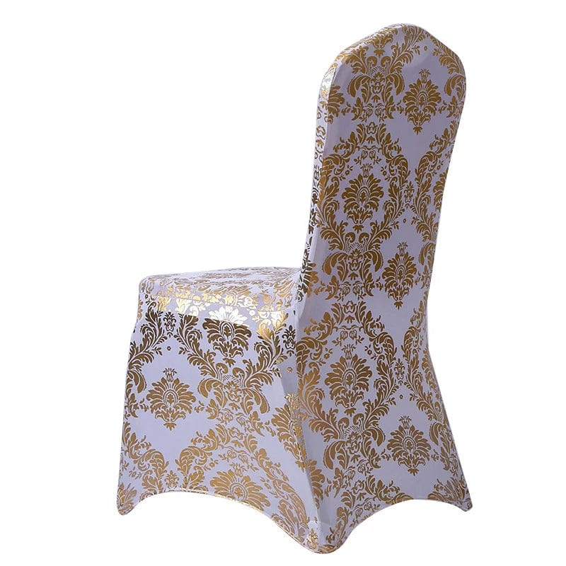Gold metallic printed spandex chair cover for weddings and events, featuring elegant pattern design and stretchy lycra fabric.