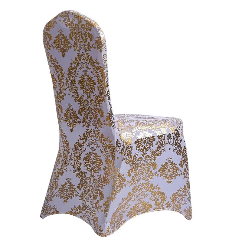 Gold metallic printed spandex chair cover for wedding and event decor, featuring elegant pattern design for dining and celebration settings.
