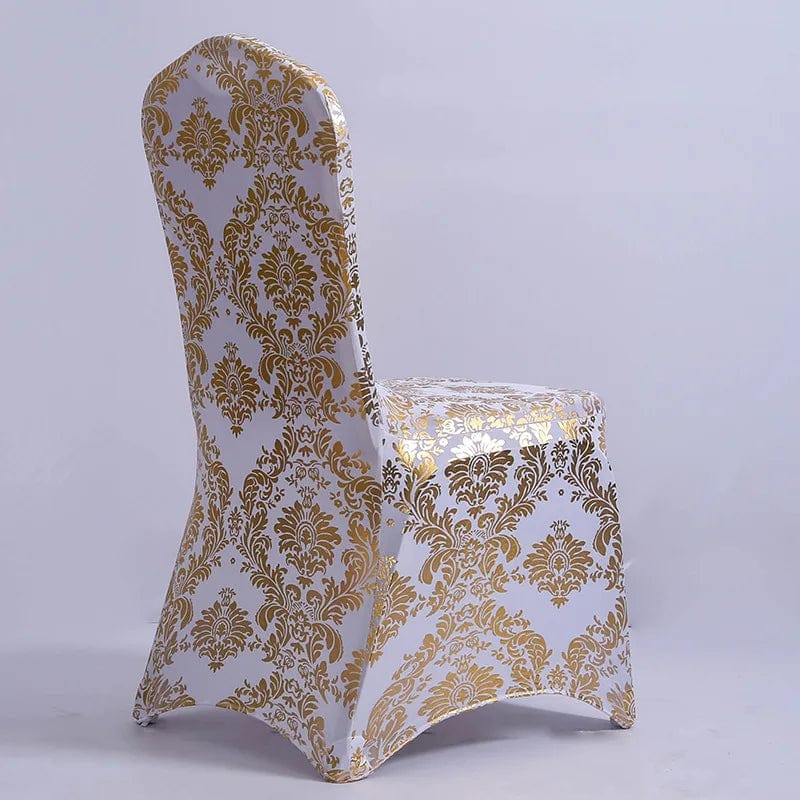 Gold metallic printed spandex chair cover for wedding and event decor, featuring elegant pattern design and a fitted stretch fit.
