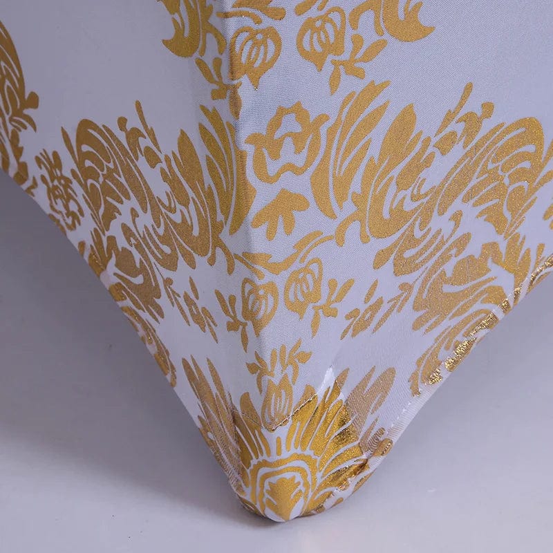 Gold metallic printed spandex chair cover for wedding and event decor, featuring elegant pattern design for dining and party settings
