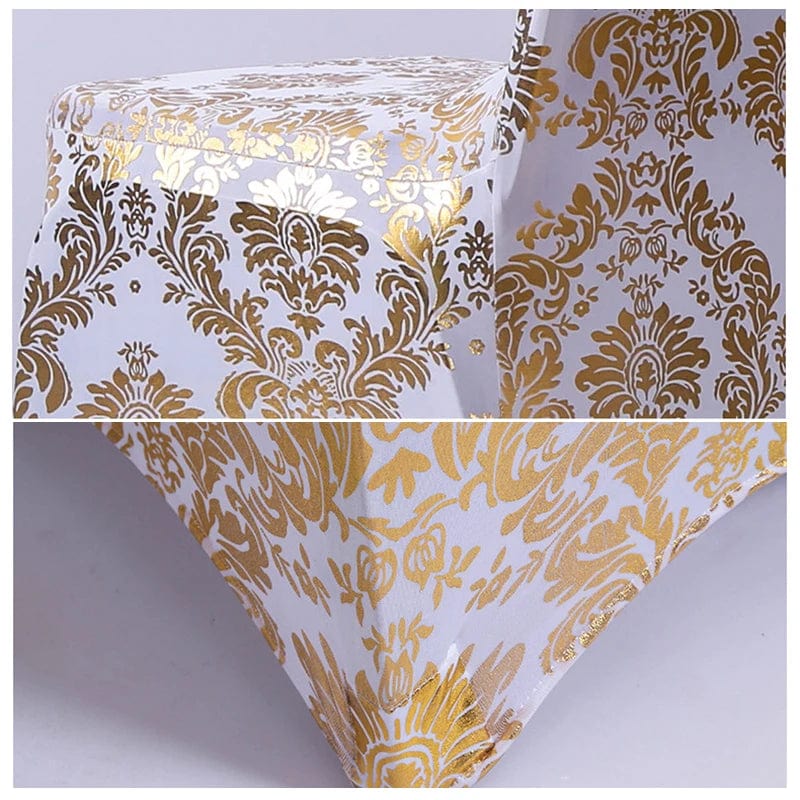 Gold metallic printed spandex chair cover for wedding and event décor, featuring elegant pattern design for dining and celebration settings.