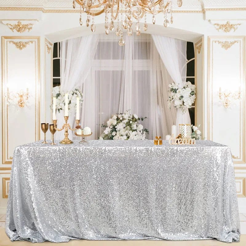 Gold sequin tablecloth for weddings, 108x50-inch rectangle cover, decorative overlay for celebration tables and banquets.