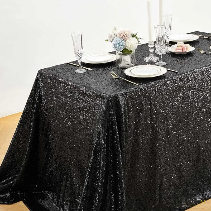 Gold sequin rectangle tablecloth for weddings, 108x50 inches, decorative table cover for special events and celebrations.