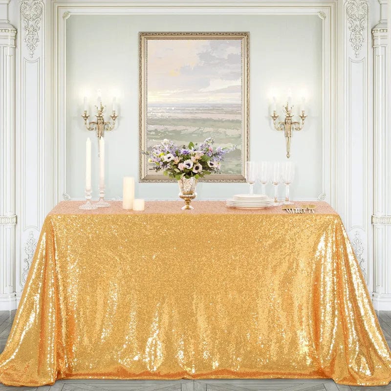 Gold sequin rectangle tablecloth by Showlu Fashion Store, 108x50 inches, perfect for weddings, birthdays, and holiday banquets.