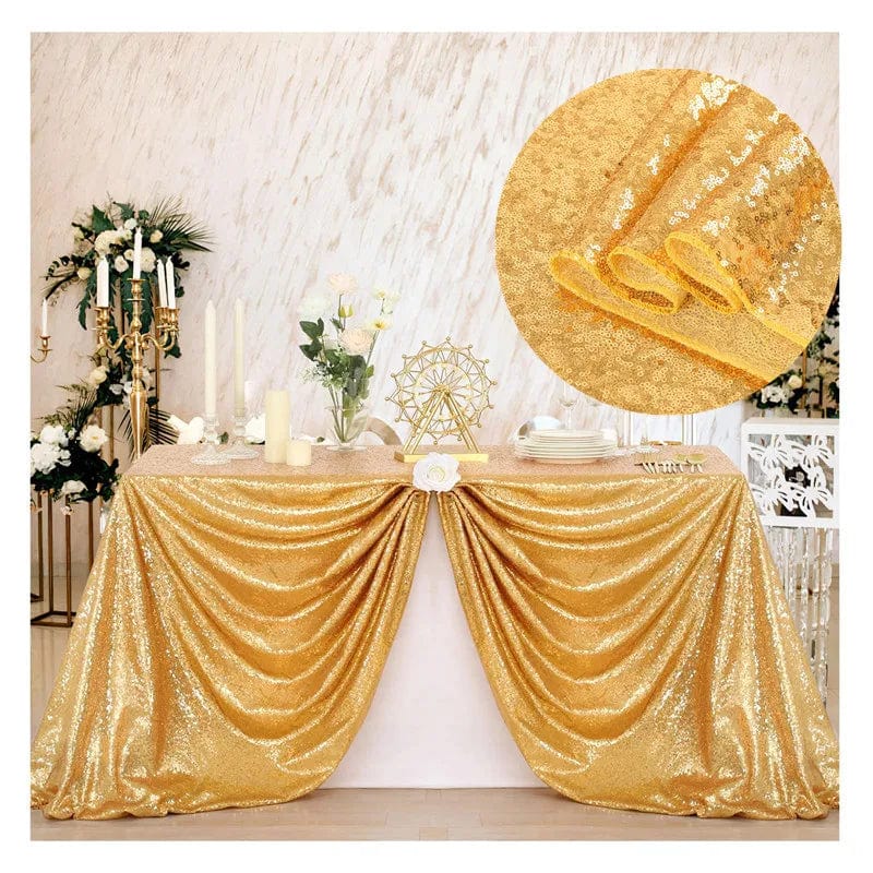 Gold sequin rectangle tablecloth for weddings and celebrations, 108x50 inches, adds sparkle and elegance to event tables.