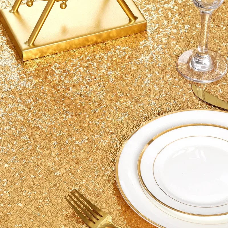 Gold sequin rectangle tablecloth for weddings and events, 108x50 inches, adds elegant sparkle to wedding, birthday, and holiday tables.