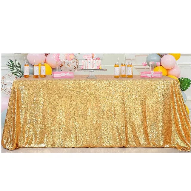 Gold sequin rectangle tablecloth for weddings and events, 108x50 inches, adds elegant sparkle to banquet and celebration tables.