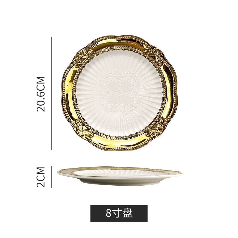 Golden Lace Ceramic Meal Plate featuring elegant French style design, ideal for desserts and afternoon tea presentation.
