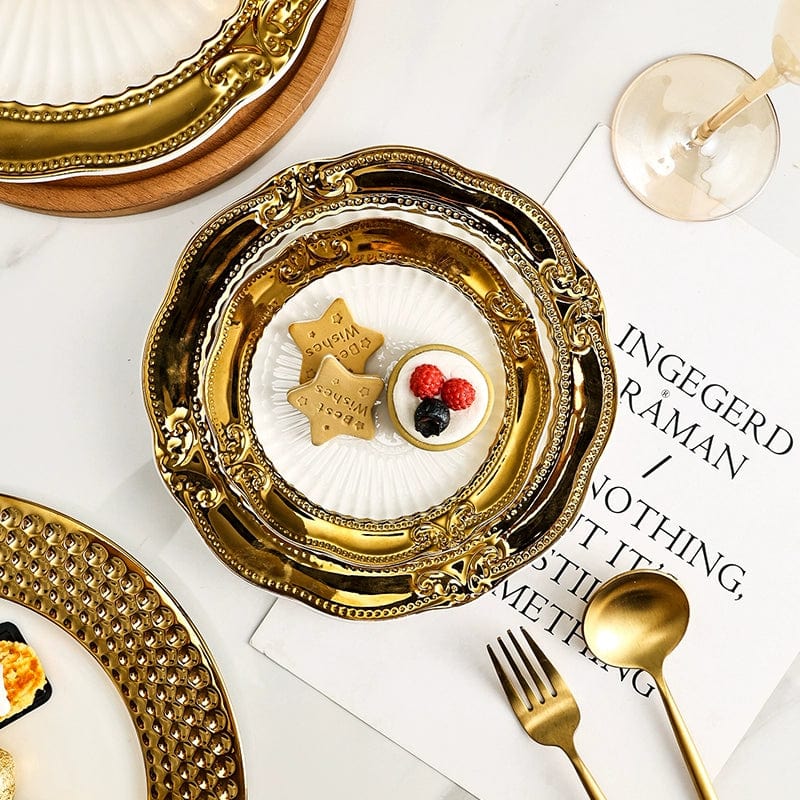 Showlu Golden Lace ceramic meal plate with intricate gold lace design, French style flatware for elegant dining and afternoon tea.