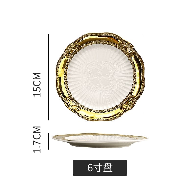 Showlu Golden Lace Ceramic Meal Plate with elegant gold lace design, ideal for French-style desserts and afternoon tea settings.