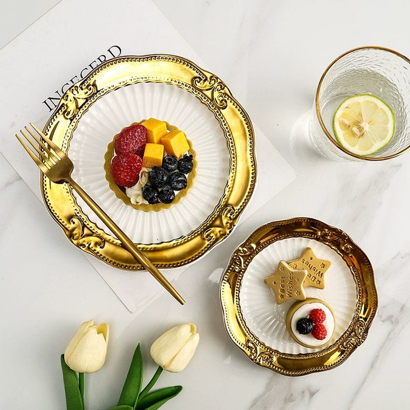 Showlu Golden Lace Ceramic Meal Plate with intricate gold lace design, French-style dessert flatware on elegant afternoon tea setting.