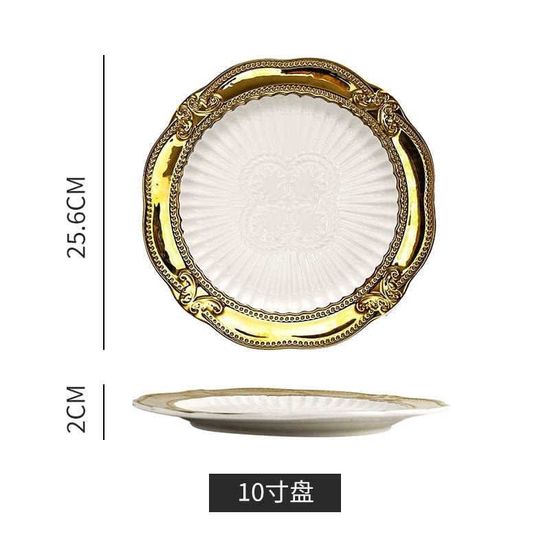 Showlu Golden Lace Ceramic Meal Plate with intricate gold lace design, French style dessert flatware for elegant afternoon tea.