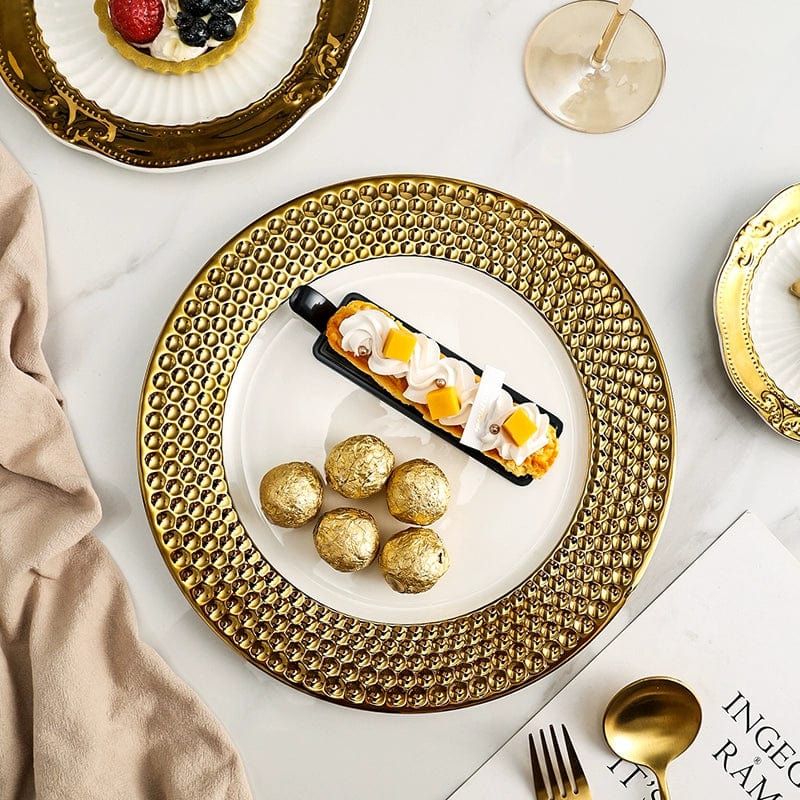 Showlu Golden Lace Ceramic Meal Plate with French-style design, featuring elegant gold lace pattern for dessert or bread presentation.