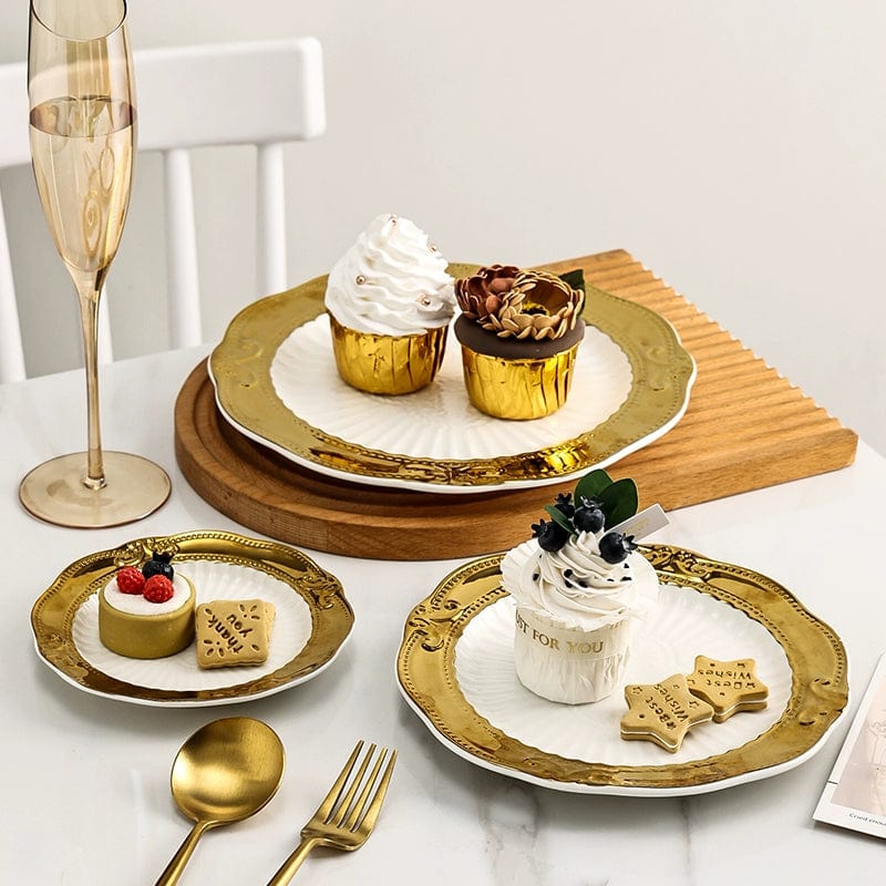 Showlu Golden Lace ceramic meal plate with intricate gold lace design, French style dessert plate for elegant dining.