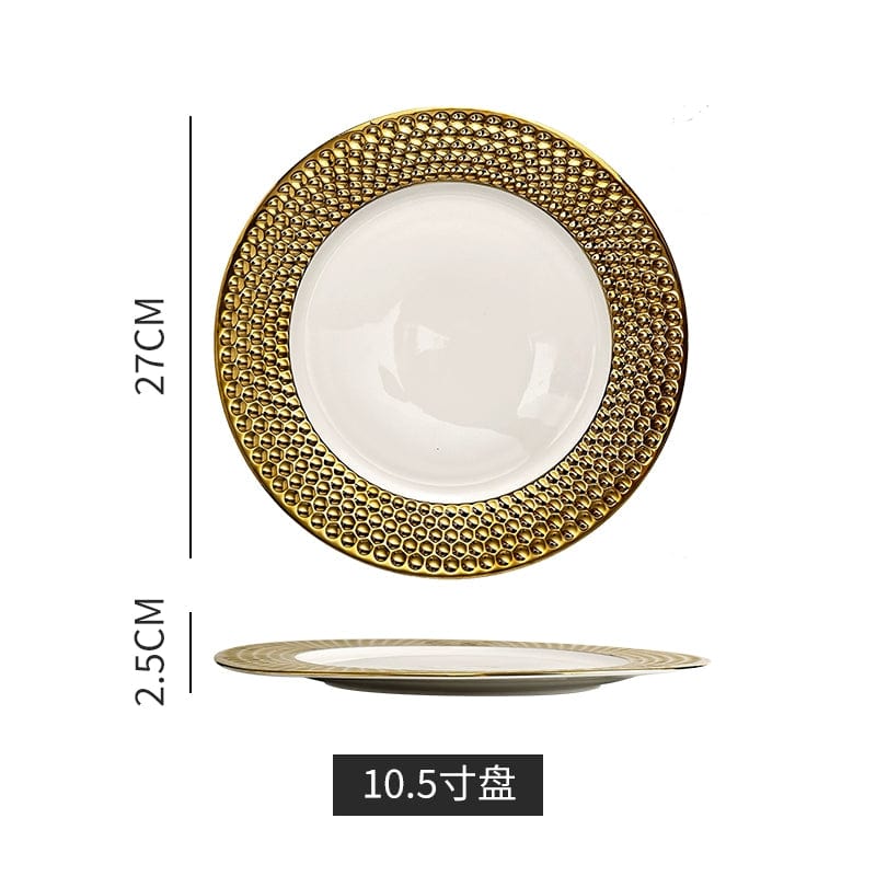 Showlu Golden Lace ceramic meal plate with intricate gold lace design, French style dessert plate, elegant tableware for special occasions.