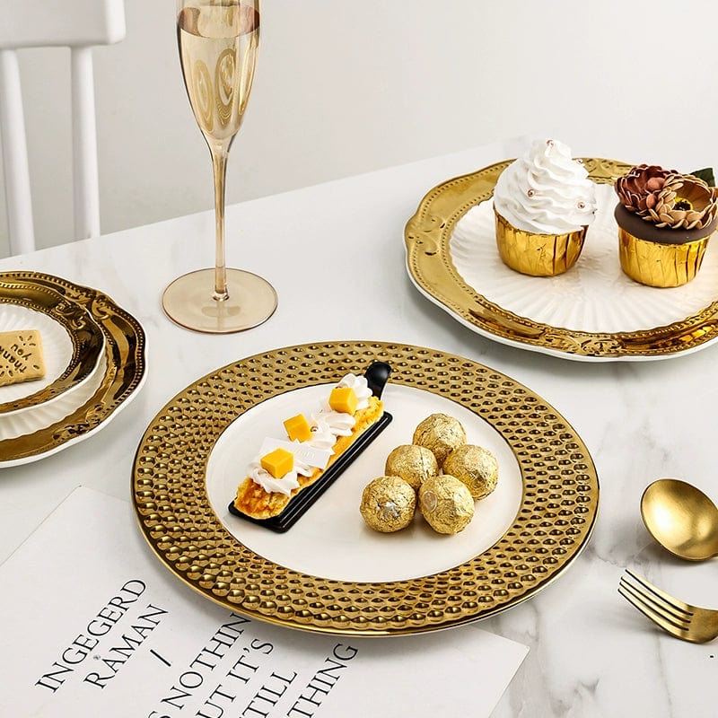 Showlu Golden Lace ceramic meal plate with intricate gold lace design, French style dessert flatware on elegant afternoon tea table.