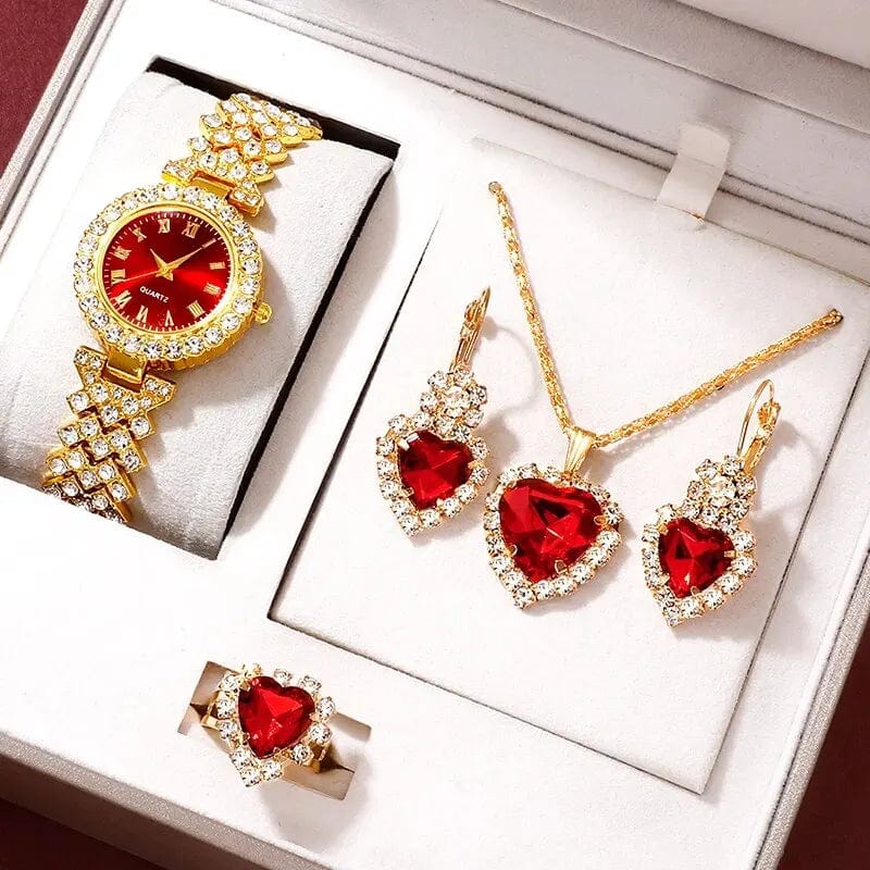 Golden Luxury Watch Women Ring Necklace Earring Rhinestone Fashion Wristwatch Casual Ladies Bracelet Watches Jewelry Set - SHOWLU FASHION STORE