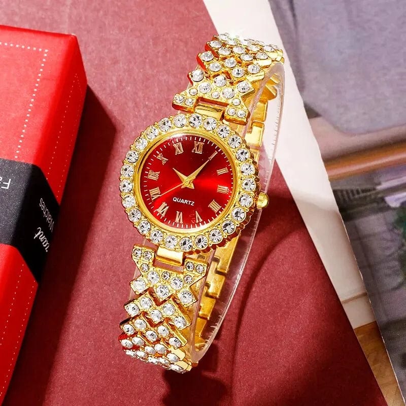 Golden Luxury Watch Women Ring Necklace Earring Rhinestone Fashion Wristwatch Casual Ladies Bracelet Watches Jewelry Set - SHOWLU FASHION STORE