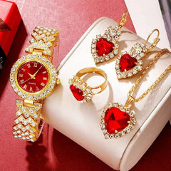 Golden Luxury Watch Women Ring Necklace Earring Rhinestone Fashion Wristwatch Casual Ladies Bracelet Watches Jewelry Set - SHOWLU FASHION STORE