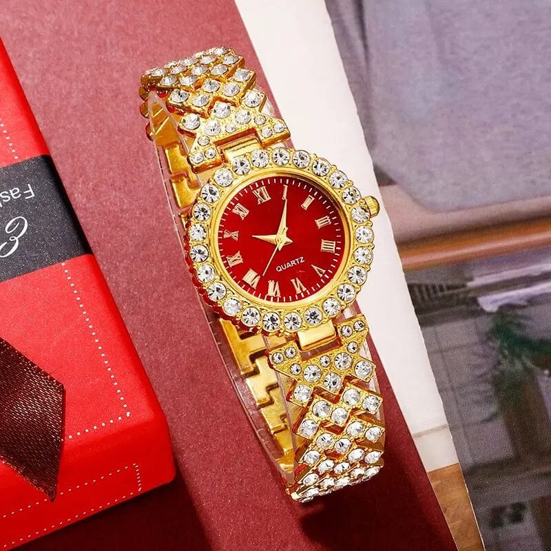 Golden Luxury Watch Women Ring Necklace Earring Rhinestone Fashion Wristwatch Casual Ladies Bracelet Watches Jewelry Set - SHOWLU FASHION STORE