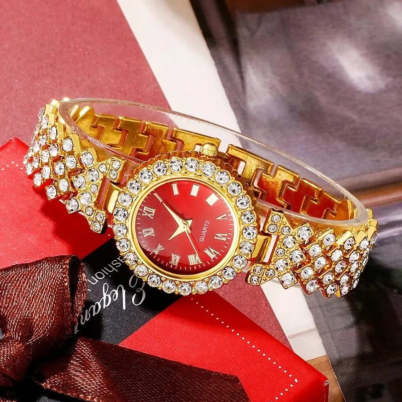 Golden Luxury Watch Women Ring Necklace Earring Rhinestone Fashion Wristwatch Casual Ladies Bracelet Watches Jewelry Set - SHOWLU FASHION STORE