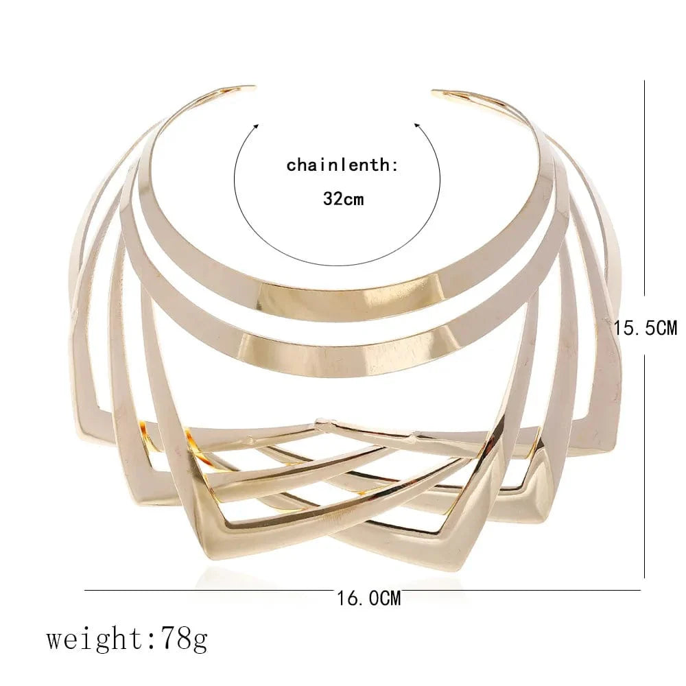 Gothic alloy choker necklace with geometric design, statement jewelry for women, black collar style, fashion costume jewelry.