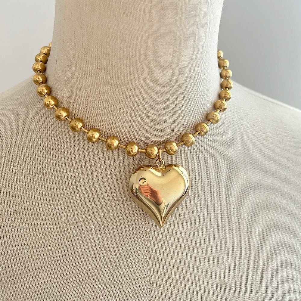 Gothic gold heart pendant necklace on stainless steel beaded choker, steampunk jewelry for women with dark, stylish design