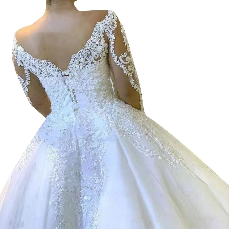 Showlu Fashion V-Neck Tulle Ball Gown wedding dress with full lace sleeves and elegant appliques, perfect for a romantic wedding.