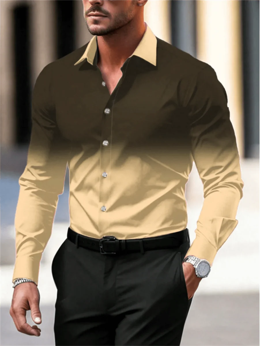 Men's gradient long sleeve casual button-down shirt by Showlu Fashion, breathable fabric with lapel collar, large size available.