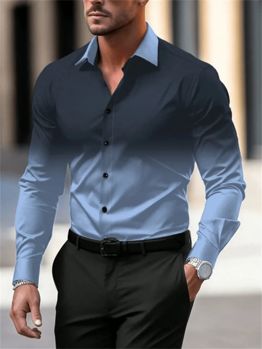 Men's gradient long sleeve casual button-down shirt by Showlu Fashion with breathable fabric, lapel collar, and stylish design.