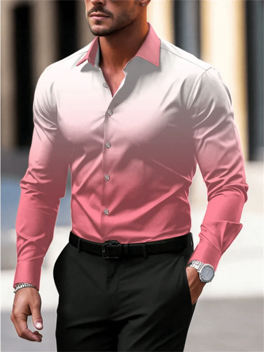 Men's gradient long sleeve casual button-down shirt by Showlu Fashion, featuring breathable fabric and stylish lapel design.