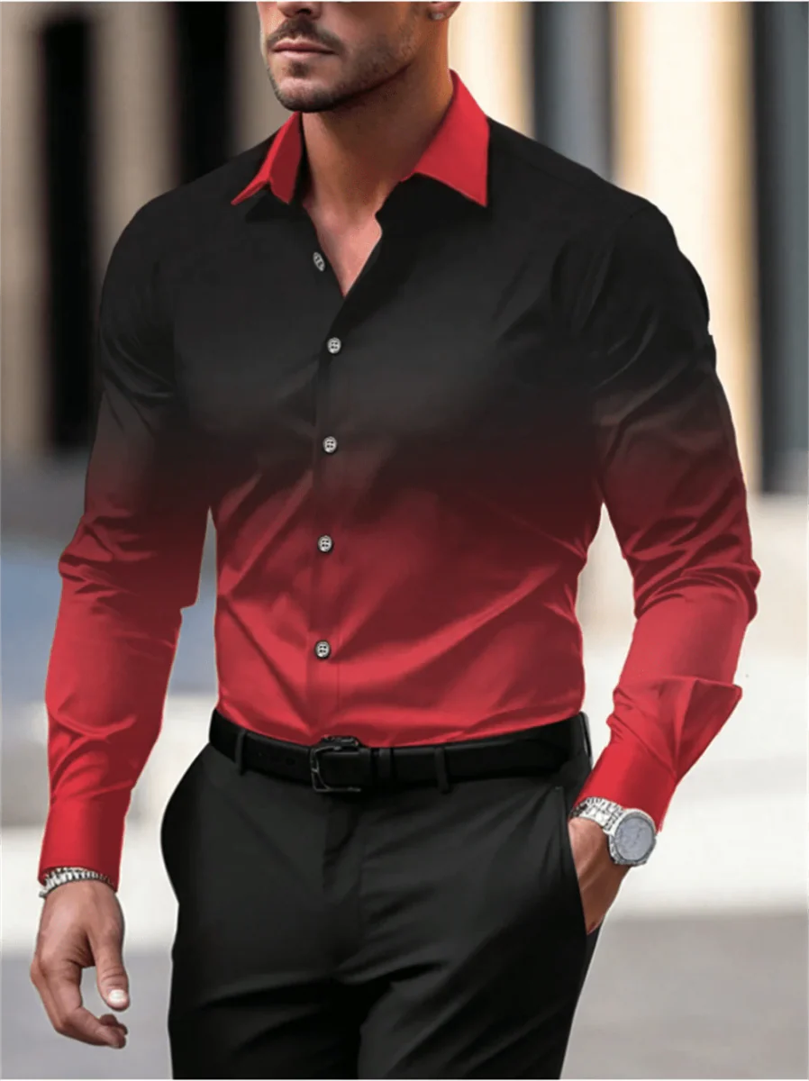 Men's gradient long sleeve casual button-down shirt by Showlu Fashion with breathable fabric and stylish lapel in large size.