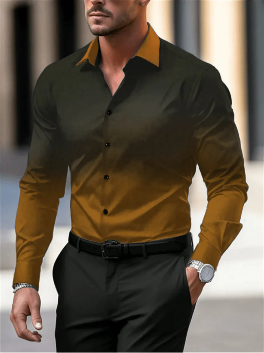 Men's gradient long sleeve casual button-down shirt by Showlu Fashion, breathable fabric, lapel collar, stylish design, large size available.