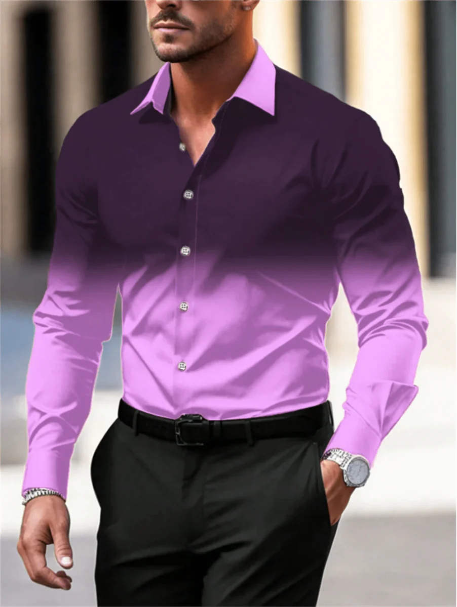 Men's gradient long sleeve casual button-down shirt by Showlu Fashion, breathable fabric, lapel collar, large size, stylish men's clothing.