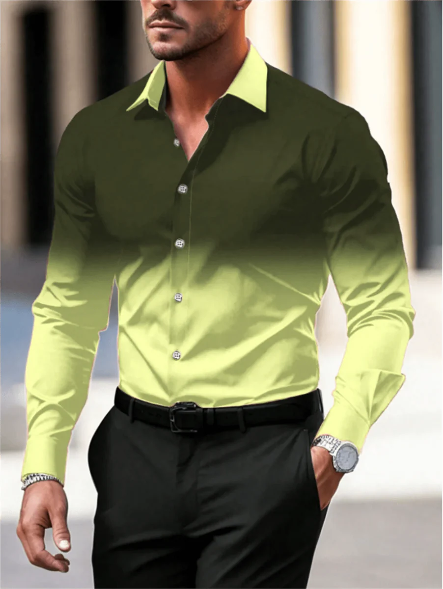 Men's gradient long sleeve casual button-down shirt by Showlu Fashion, breathable fabric, lapel collar, large size option.