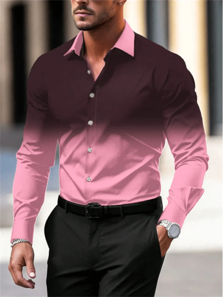 Men's gradient long sleeve casual button-down shirt from Showlu Fashion with breathable fabric and stylish lapel design.