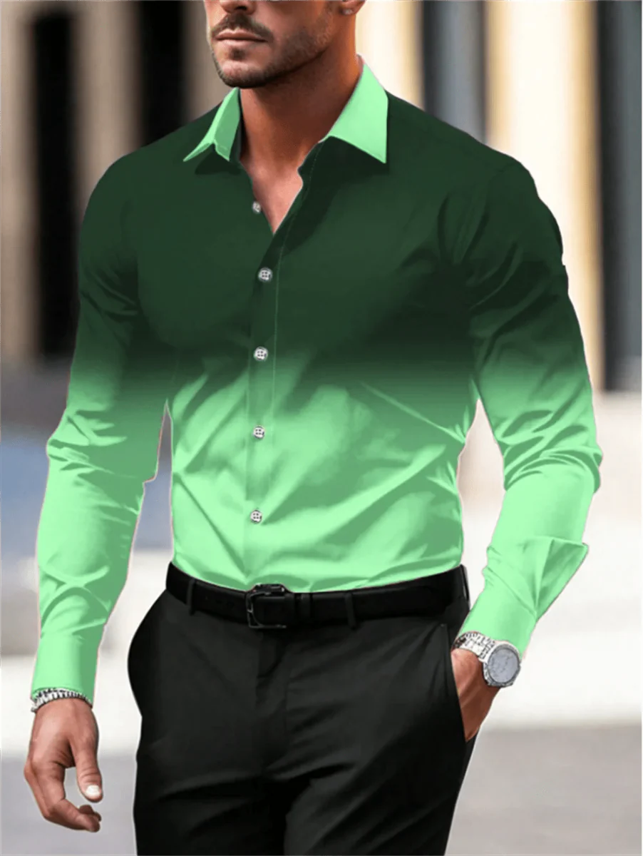 Men's gradient long sleeve casual button-down shirt from Showlu Fashion, breathable fabric, lapel collar, large size available.